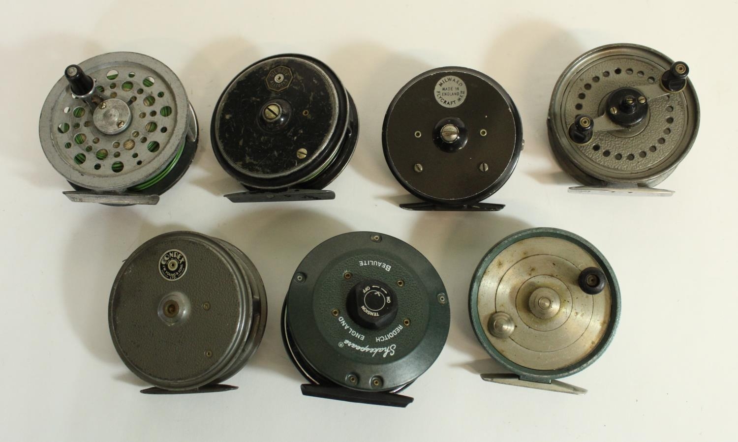 Seven fly reels to include JW Young Landex, Shakespeare Beaulite