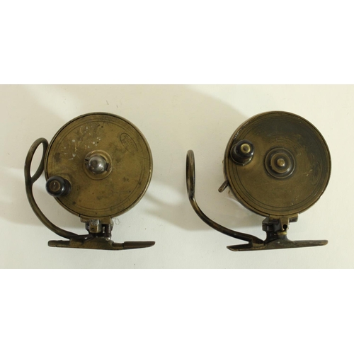 637 - Near pair of Mallochs Patent brass side caster reels