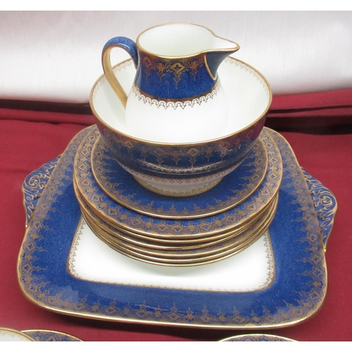 707 - Wedgwood 18th Century style Blue and Gilt tea set comprising 5 cups, 6 saucers, 6 side plates, cake ... 