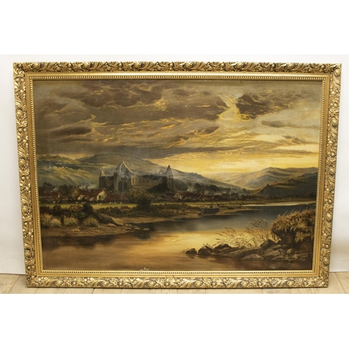 510 - R. Hogg (British early C20th); Tintern Abbey in a moonlit river landscape, oil on canvas, signed, 69... 