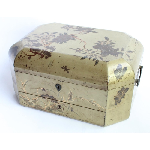 1171 - Mid C20th Japanese gilt lacquer canted rectangular jewellery box, chinoiserie decorated with insects... 