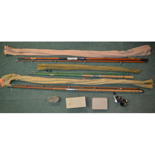 85 - 3 vintage glass fibre bbeachcasting/boat/pier fishing rods and a collection of sea fishing equipment... 