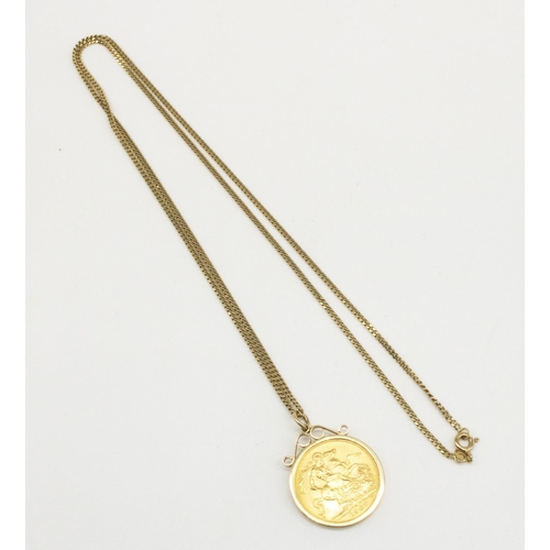 1015 - 1967 ER.II mounted sovereign pendant, on 9ct yellow gold chain, stamped 375, L60cm, 13.9g