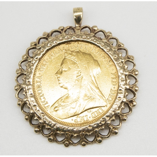 1016 - Victoria 1896 sovereign in yellow metal pendant mount, no hallmarks, 11.7g