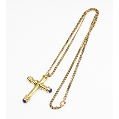 1003 - 18ct yellow gold cross pendant set with blue stones, stamped 750, H5cm, on 18ct yellow gold chain, s... 