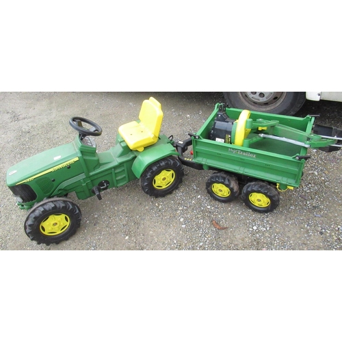 1139 - A child's pedal John Deere tractor, trailer and back hoe