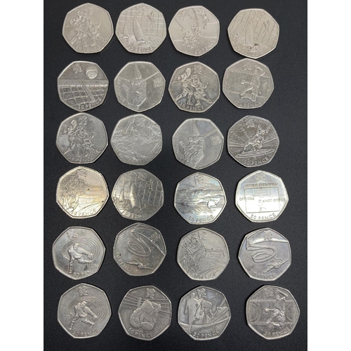 1089 - 24 London 2012 Olympic 50 pence pieces inc. Offside Rule Explained, Aquatics, Archery, Fencing, Tria... 