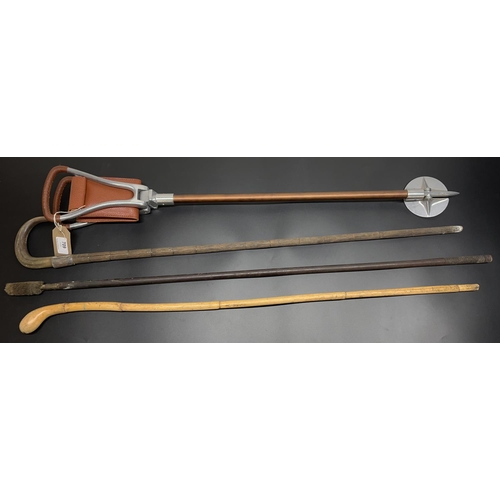 709 - Aluminium shooting stick with padded leather seat, vintage cleaning rod, bamboo walking stick, one o... 