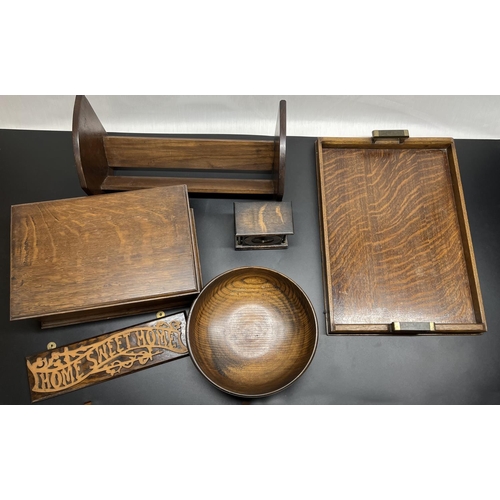 712 - Art Deco period medium oak tea tray with Bakelite and silver plated EPNS handles, W45cm D32cm, 1920'... 