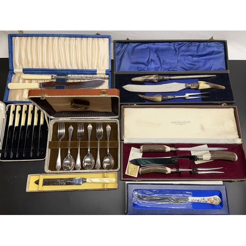 713 - Joseph Rodgers & Co. Sheffield, cased Victorian three piece carving set with polished antler handles... 