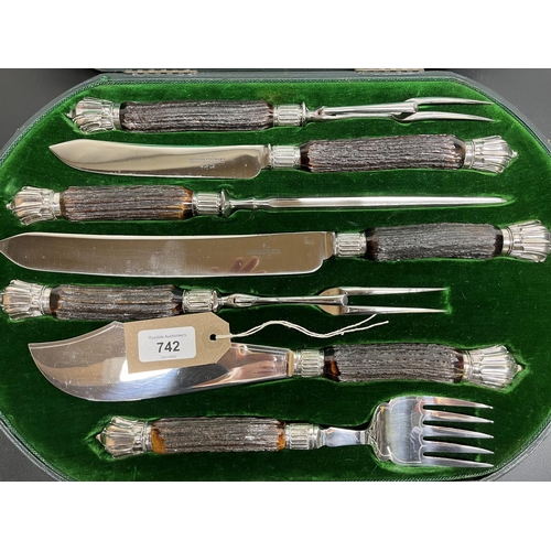 742 - Maleham & Yeomans, Sheffield, late Victorian cased seven piece carving set, antler handles with silv... 