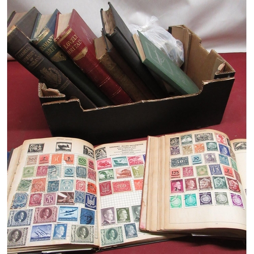 61 - Five mid C20th stamp albums containing a collection of used stamps, loose stamps and various novels