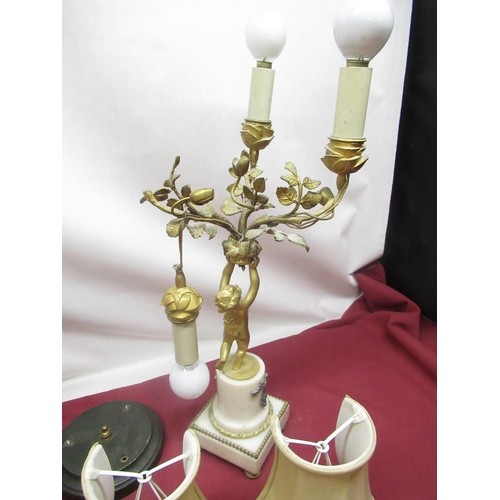 134 - Late C19th French gilt and white marble three branch candelabra, naturalistic scroll arms supported ... 