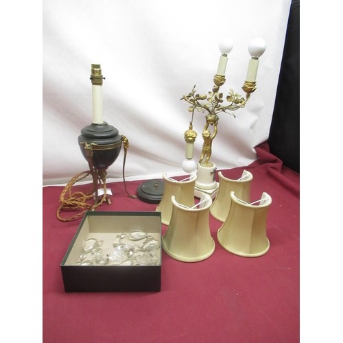 134 - Late C19th French gilt and white marble three branch candelabra, naturalistic scroll arms supported ... 