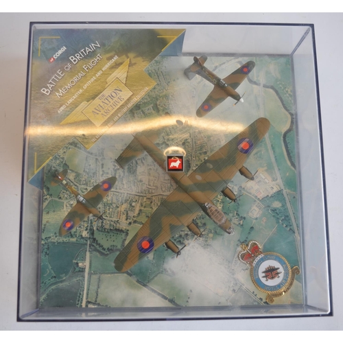 814 - 3 Corgi model sets commemorating the Battle of Britain:
49101 Hurricane Mk1, 85 Sqn RAF personal mou... 