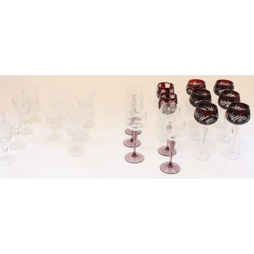 81 - Selection of cut glass drinking glasses to include coloured hock glasses, violet stem hock glasses a... 