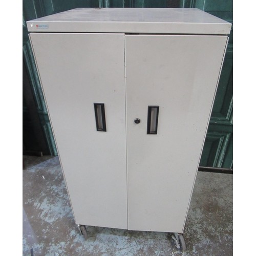 777 - Bretford two door metal cabinet, on wheels, W64cm D54cm H122cm