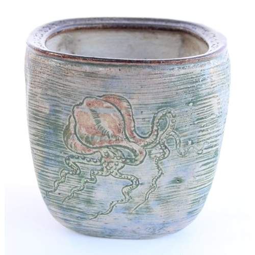 1176 - Martin Brothers small fern pot decorated with incised Jellyfish pattern to each side, incised with M... 