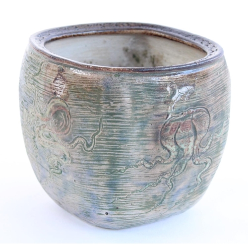 1176 - Martin Brothers small fern pot decorated with incised Jellyfish pattern to each side, incised with M... 