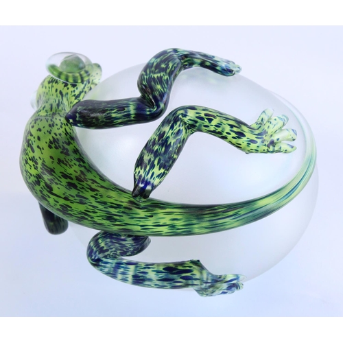 1151 - Lestyn Davis 'Blowzone' Art Glass sculpture in the form of a mottled green gecko on a pearlescent eg... 