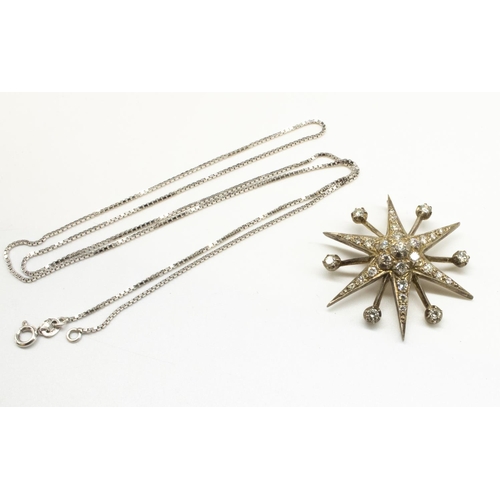 1005 - Victorian diamond star brooch, the round cut diamonds arranged in a white metal mount,  screw socket... 