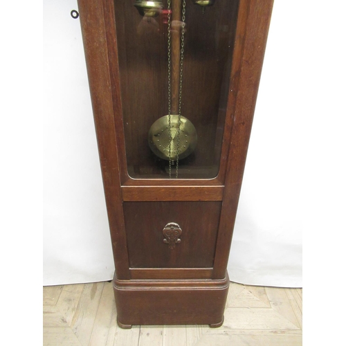 443 - 1930's Villinger Hausuhrenfabrik oak long cased clock, full length door enclosing silvered Arts and ... 