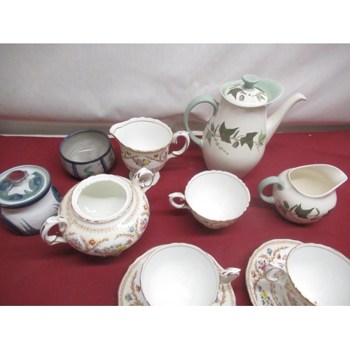 103 - Staffordshire fine bone china part tea set, Wedgwood Hereford coffee pot and milk jug, studio potter... 