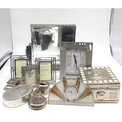 61 - Collection of Charles Rennie Macintosh pewter including a clock, photo frames and a box, and a colle... 