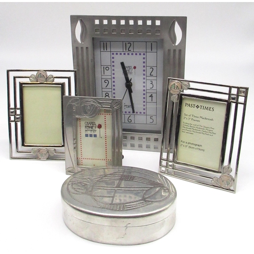 61 - Collection of Charles Rennie Macintosh pewter including a clock, photo frames and a box, and a colle... 