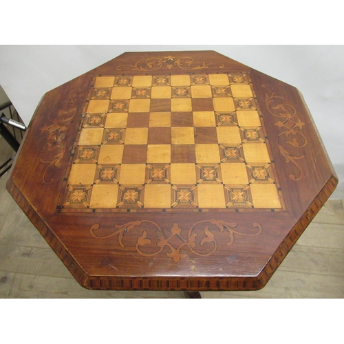 403A - Victorian walnut trumpet shaped tripod sewing table, octagonal top inlaid with chess board, fitted i... 