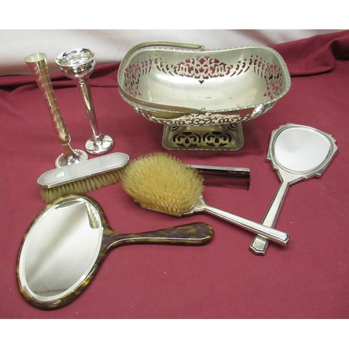 778 - Mid C20th hallmarked Sterling silver art deco style four piece dressing table set by W J Myatt & Co,... 