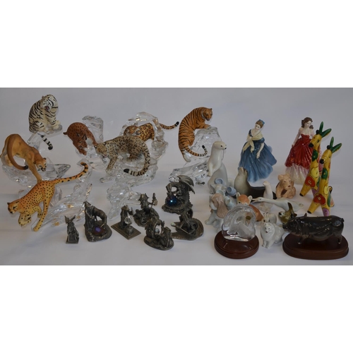 831 - A collection of ceramic animals, 2 Royal Doulton figurines, pewter fantasy scenes etc (3 boxes) and ... 