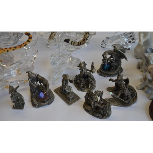 831 - A collection of ceramic animals, 2 Royal Doulton figurines, pewter fantasy scenes etc (3 boxes) and ... 