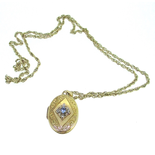 52 - 9ct yellow gold locket set with pale blue stone and illusion set diamonds, stamped 375, on a 9ct gol... 