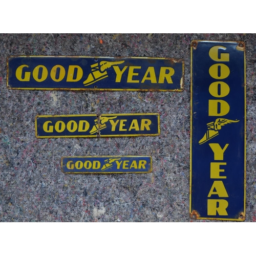 1077 - 4 small enameled steel plate advertising signs for Goodyear. 3 landscape and 1 portrait format. Port... 