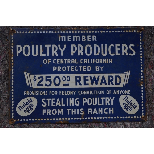 1083 - An enameled steel plate advertising/warning sign for Nulaid Eggs of California. W50.8xH35.6cm