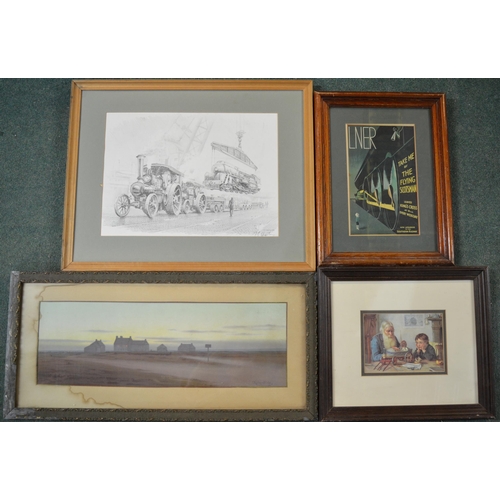 129 - Four framed prints, 2 railway related, including a black and white print by J.E. Wigston (554 x 440m... 