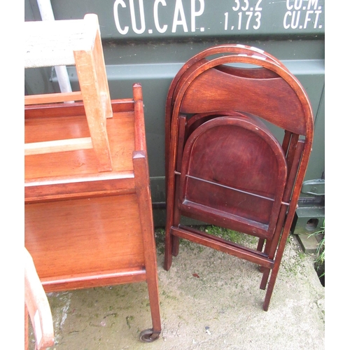 1018 - Early C20th mahogany towel rail on outsplayed legs, mahogany two tier trolley, beech string top stoo... 