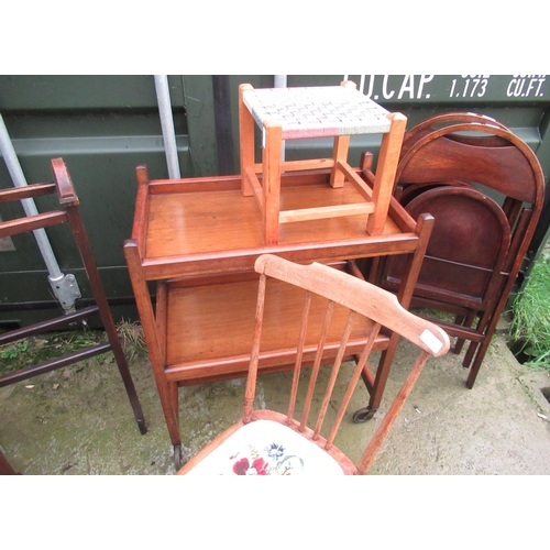 1018 - Early C20th mahogany towel rail on outsplayed legs, mahogany two tier trolley, beech string top stoo... 