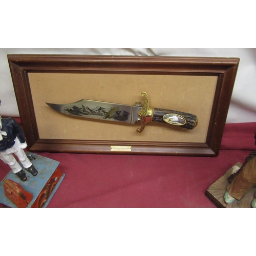 472 - Replica American Eagle Bowie Knife L36cm, on display plaque, a painted model of a Native American H4... 