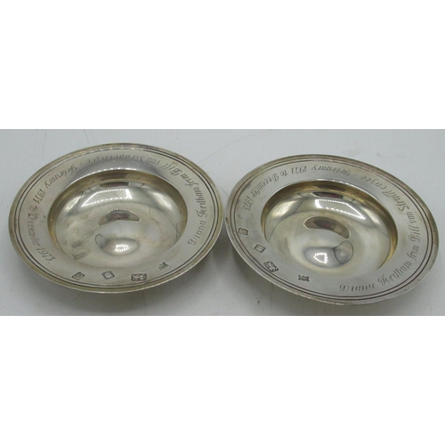 76 - Pair of hallmarked Sterling silver dishes by JHO, London, 1973 with inscription 