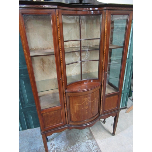 1201 - Edwardian inlaid mahogany inverted bow breakfront display cabinet with arched cresting on square leg... 