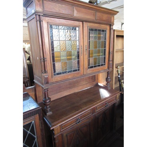 1203 - Early C20th Dutch side cabinet with moulded cornice above pair of coloured lead glazed doors, base w... 