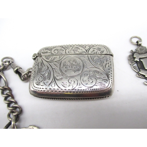 387 - Hallmarked sterling silver curb link Albert chain, with four hallmarked sterling silver shield fobs ... 