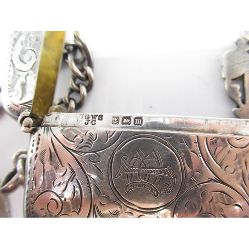 387 - Hallmarked sterling silver curb link Albert chain, with four hallmarked sterling silver shield fobs ... 