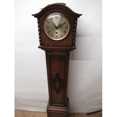 1219 - Small 1930's oak long case clock, arch molded top over barley twist columns on block feet, brass bez... 