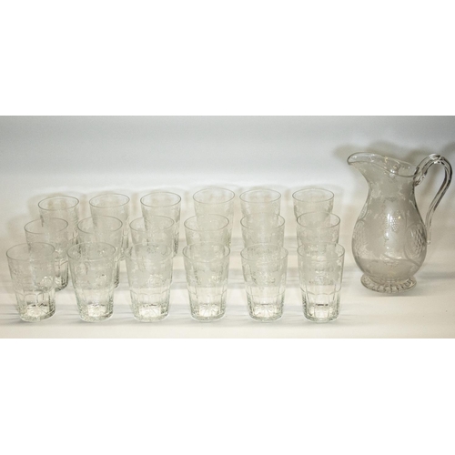 1137 - C20th glass water set, comprising baluster jug on star cut base H22cm and eighteen tumblers, H11cm a... 