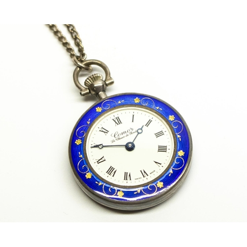 1077 - Silver and blue guilloche enamel ladies top wind fob watch, white Roman dial signed Comor La Chaux-d... 