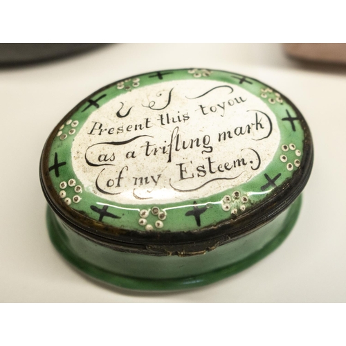 1365 - C19th green enamel oval patch box, lid dedicated 'I Present this to you as a trifling mark of my Est... 