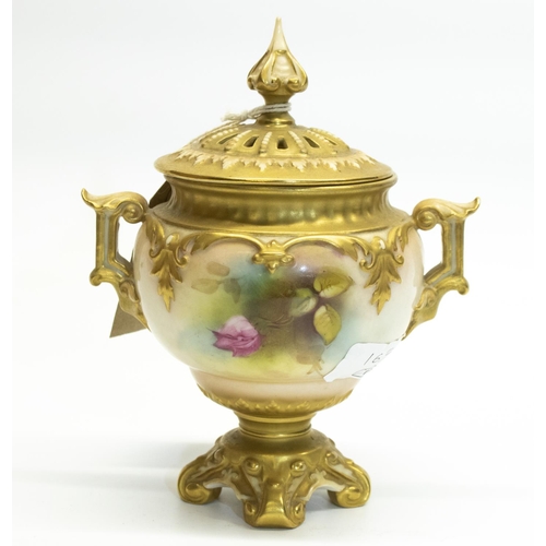 1182 - Royal Worcester pedestal vase, globular body painted with roses, gilt relief detail and handles, pie... 